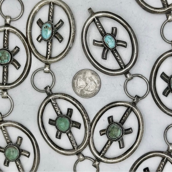 Old Pawn Sand Cast Navajo Sterling Royston Turquoise Belt 36”/ 219.5 grams - Picture 2 of 8